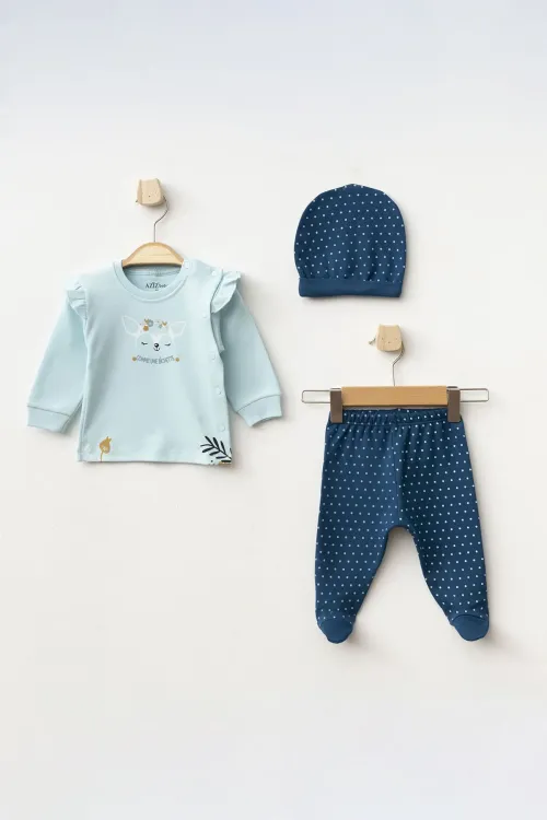 Kız Bebek Animal Desenli Zıbın Pantolon Bere 3 lü Alt Üst Bebek Takımı 0 Ay-6 Ay