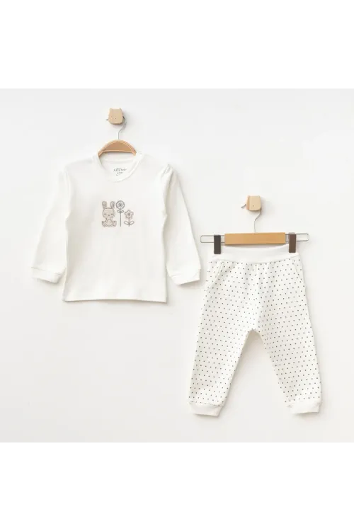 Kız Bebek Tavşan Nakışlı Sweatshirt Pantolon T-shirt 3 lü Alt Üst Bebek Takımı 3 Ay-36 Ay