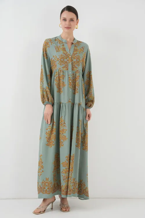 Mint Gold Desenli Tesettür Elbise 2423