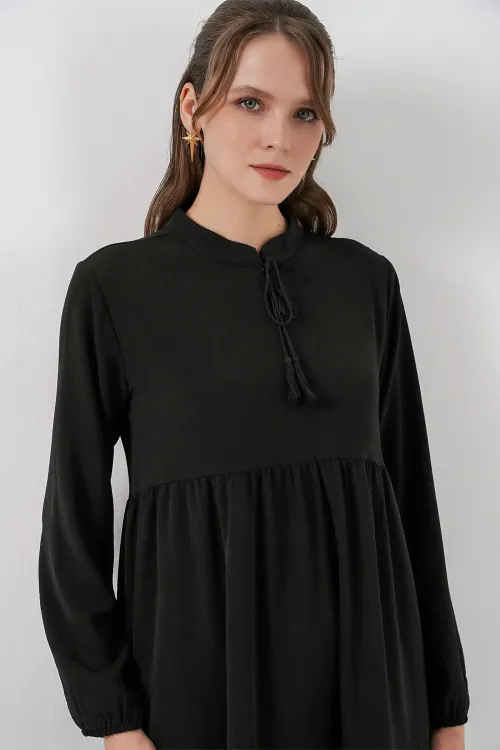 T1627 Yaka Bağcıklı Elbise - Siyah