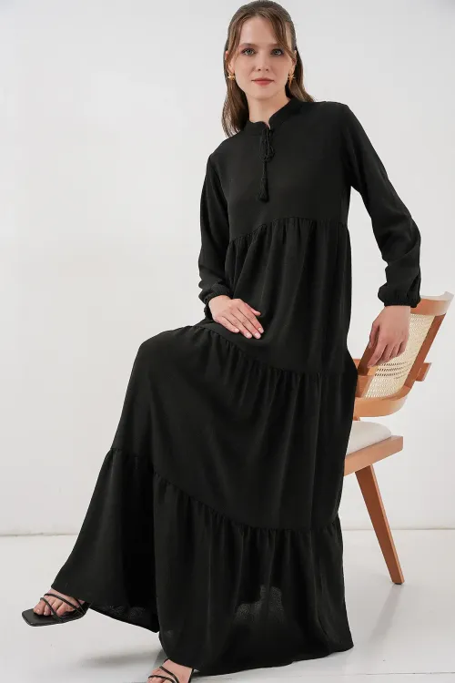 T1627 Yaka Bağcıklı Elbise - Siyah