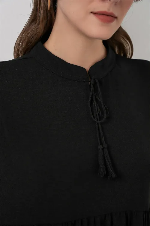 T1627 Yaka Bağcıklı Elbise - Siyah