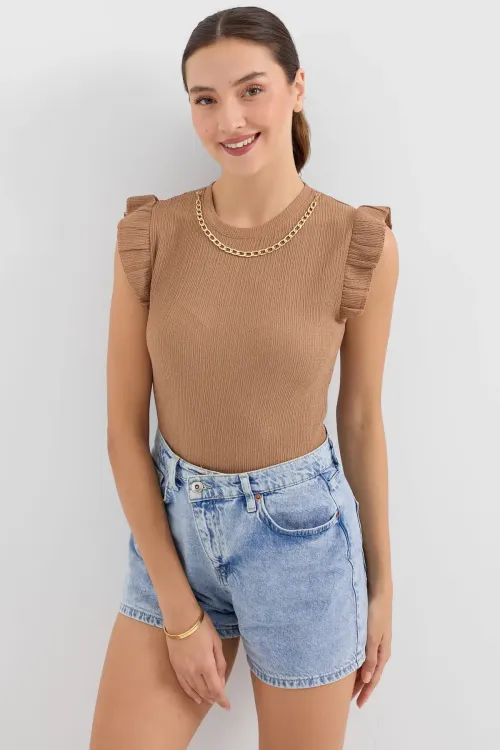 0430 Örme Bluz - Camel