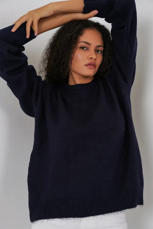 15895 Kadın Oversize Triko Kazak - K. Lacivert