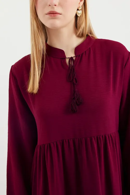 1627 Yaka Bağcıklı Tesettür Elbise - D. Bordo