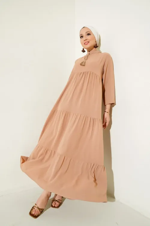 1627 Yaka Bağcıklı Tesettür Elbise - D.Vizon