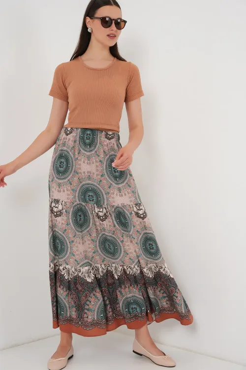 1898 Desenli Uzun Etek - Zümrüt Yeşili