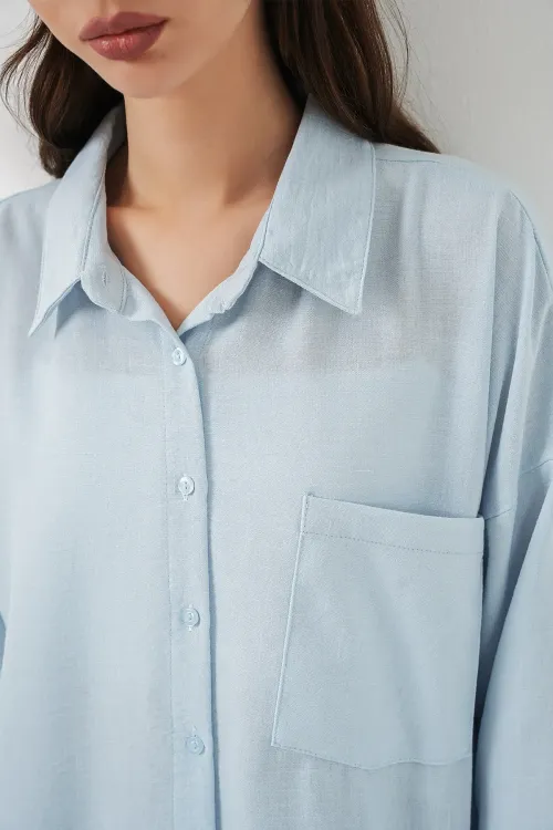 20153 Tek Cepli Oversize Keten Gömlek - Buz Mavi