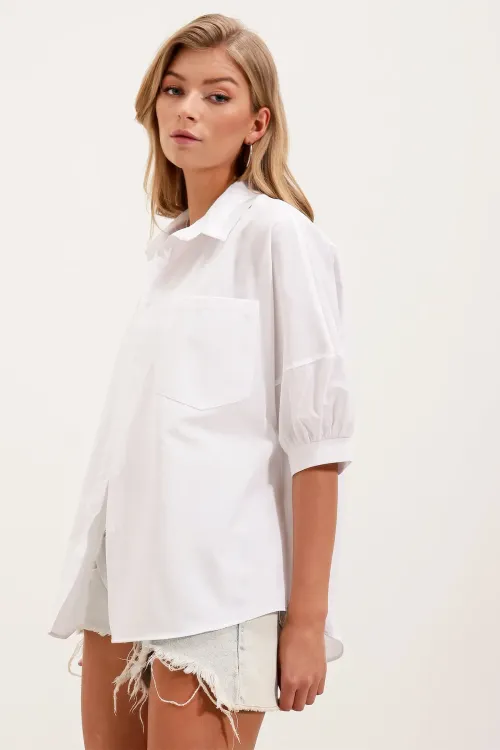 20213 Oversize Kısa Kol Basic Gömlek - Beyaz
