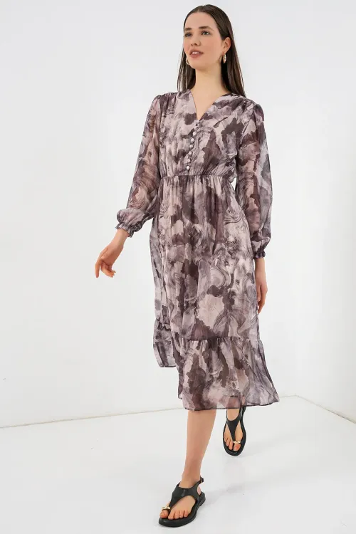 2137 Desenli Şifon Elbise - A.Bej