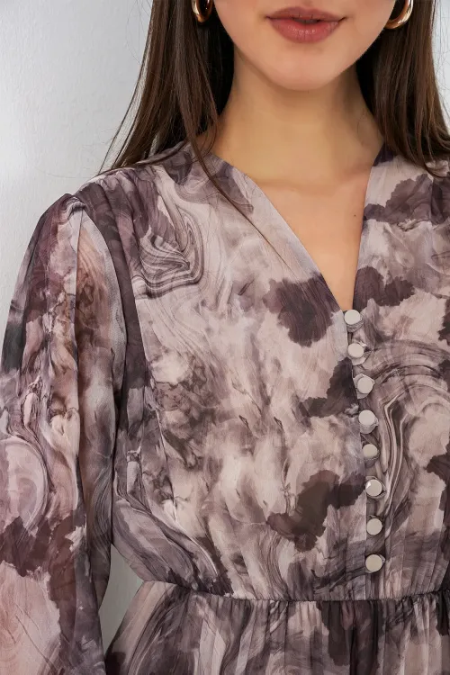 2137 Desenli Şifon Elbise - A.Bej