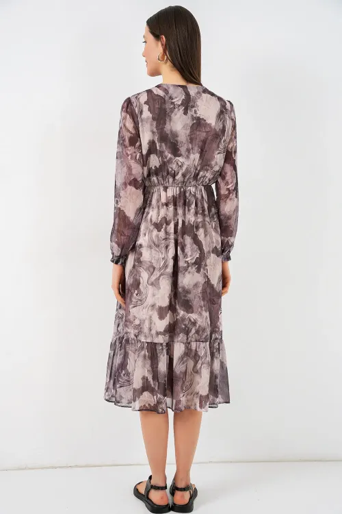 2137 Desenli Şifon Elbise - A.Bej