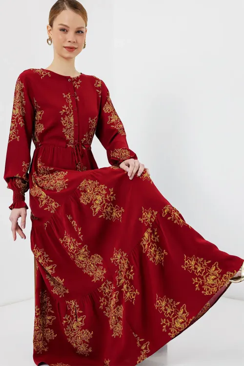 2145 Desenli Tesettür Elbise - B.Kırmızı