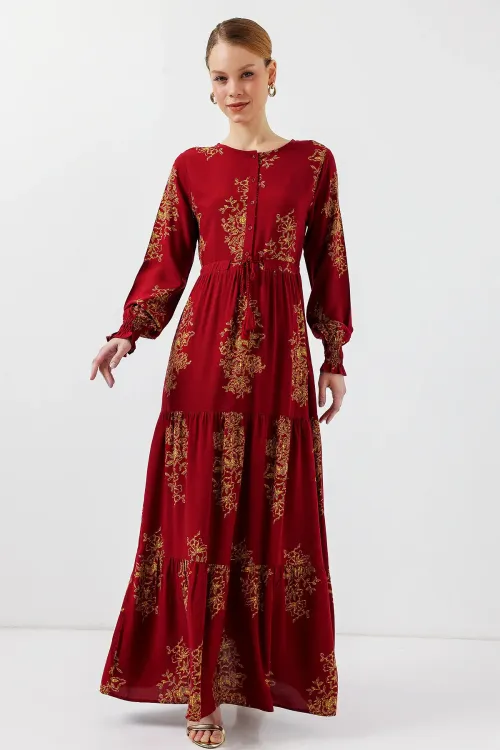 2145 Desenli Tesettür Elbise - B.Kırmızı