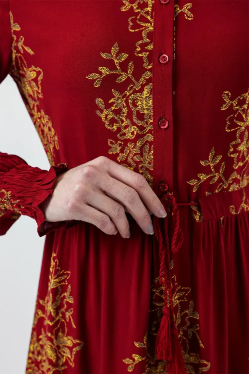 2145 Desenli Tesettür Elbise - B.Kırmızı