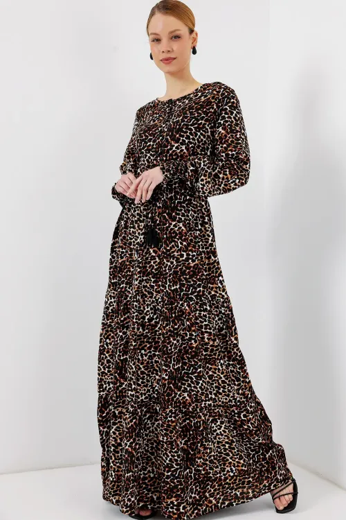 2145 Desenli Tesettür Elbise - C. Kahverengi