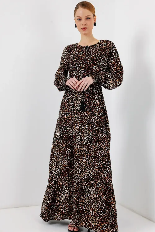 2145 Desenli Tesettür Elbise - C. Kahverengi