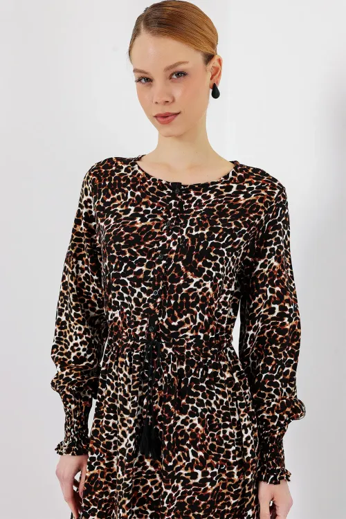 2145 Desenli Tesettür Elbise - C. Kahverengi