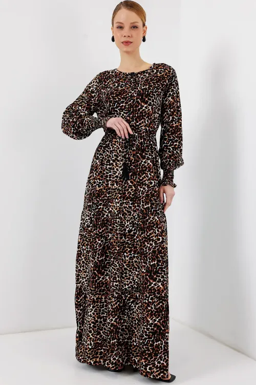 2145 Desenli Tesettür Elbise - C. Kahverengi