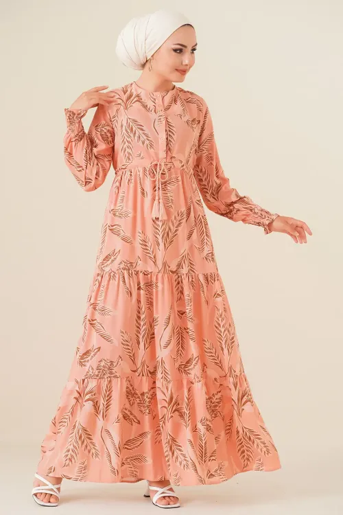 2145 Desenli Tesettür Elbise - Pudra