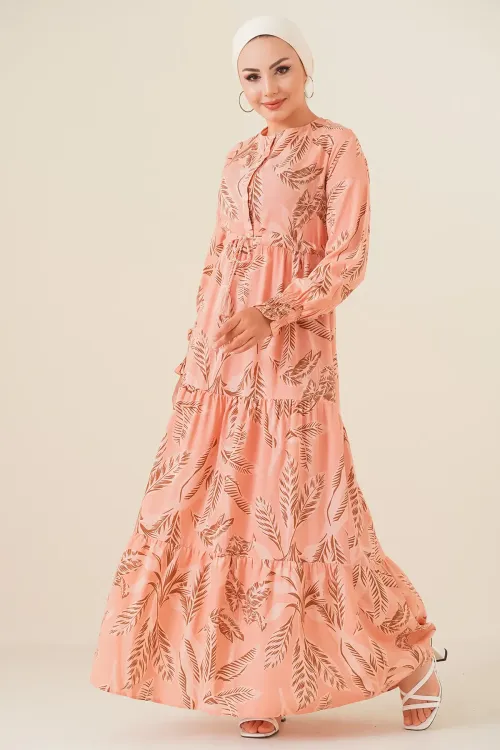 2145 Desenli Tesettür Elbise - Pudra