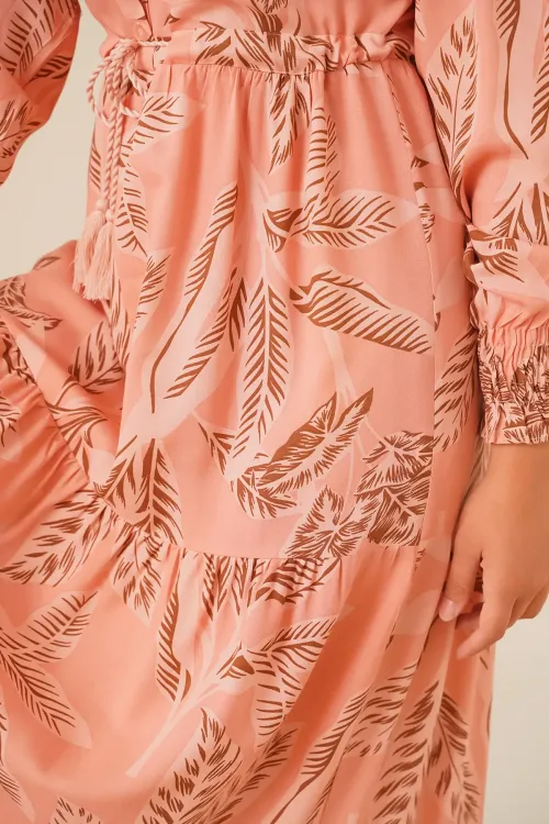 2145 Desenli Tesettür Elbise - Pudra