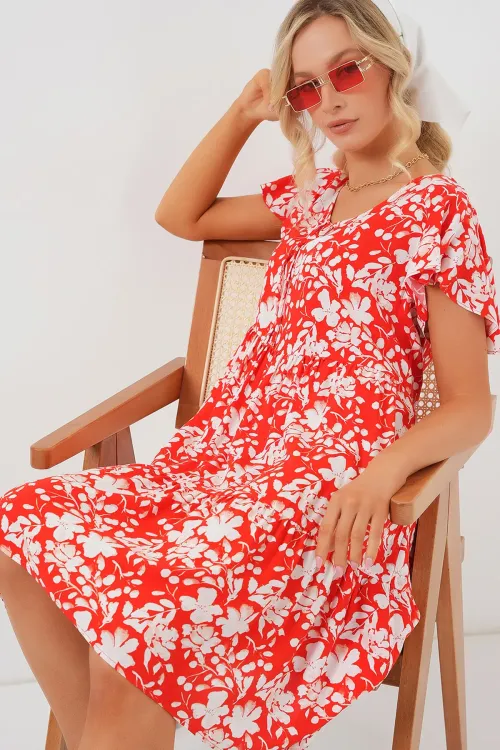 2352 V Yaka Kısa Elbise - Kırmızı