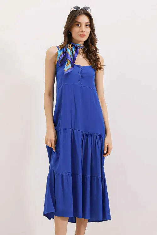 2403 Askılı Midi Elbise - Saks