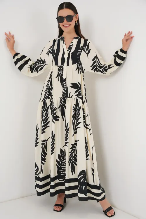 2423 Otantik Desenli Tesettür Elbise - A.Beyaz