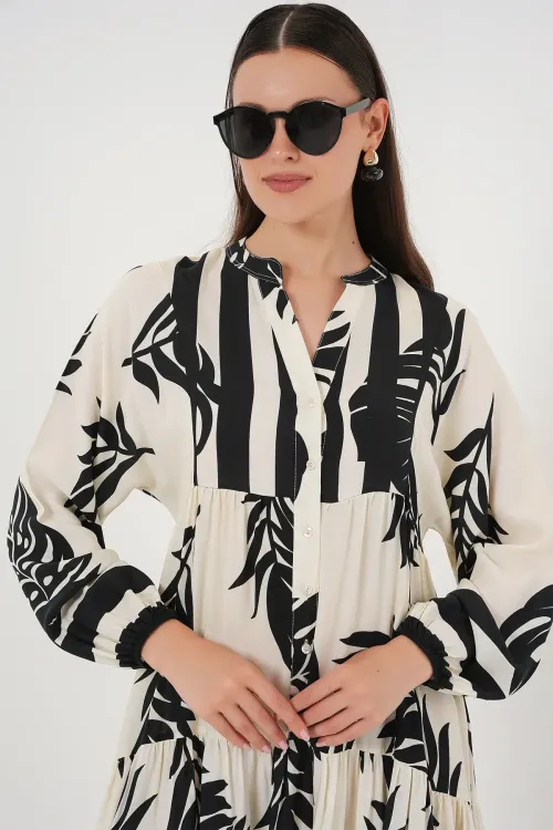 2423 Otantik Desenli Tesettür Elbise - A.Beyaz