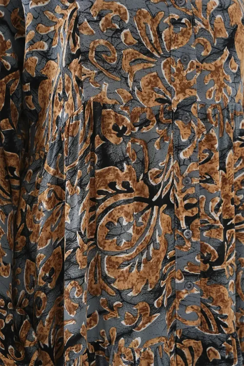 2423 Otantik Desenli Tesettür Elbise - A.Gri