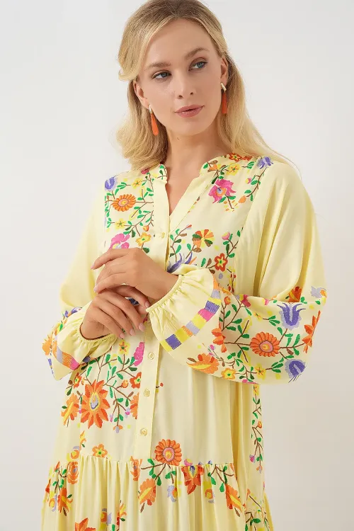 2423 Otantik Desenli Tesettür Elbise - A.Sarı