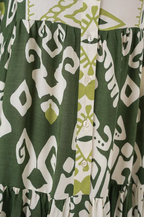 2423 Otantik Desenli Tesettür Elbise - B. Haki