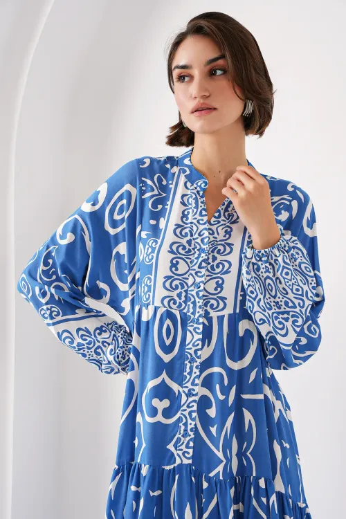 2423 Otantik Desenli Tesettür Elbise - B. İndigo