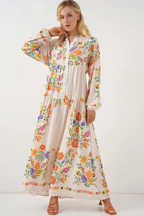 2423 Otantik Desenli Tesettür Elbise - B. Turuncu