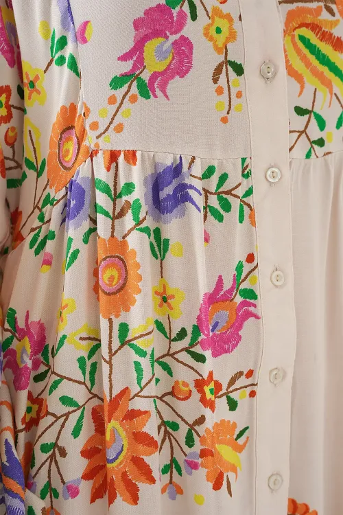 2423 Otantik Desenli Tesettür Elbise - B. Turuncu