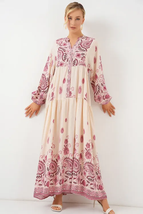 2423 Otantik Desenli Tesettür Elbise - Bordo 1