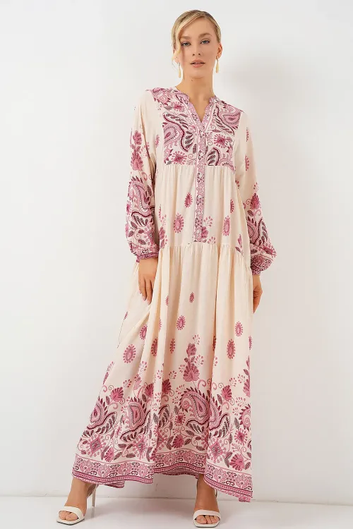 2423 Otantik Desenli Tesettür Elbise - Bordo 1