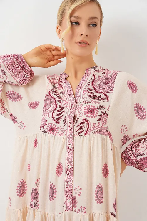 2423 Otantik Desenli Tesettür Elbise - Bordo 1