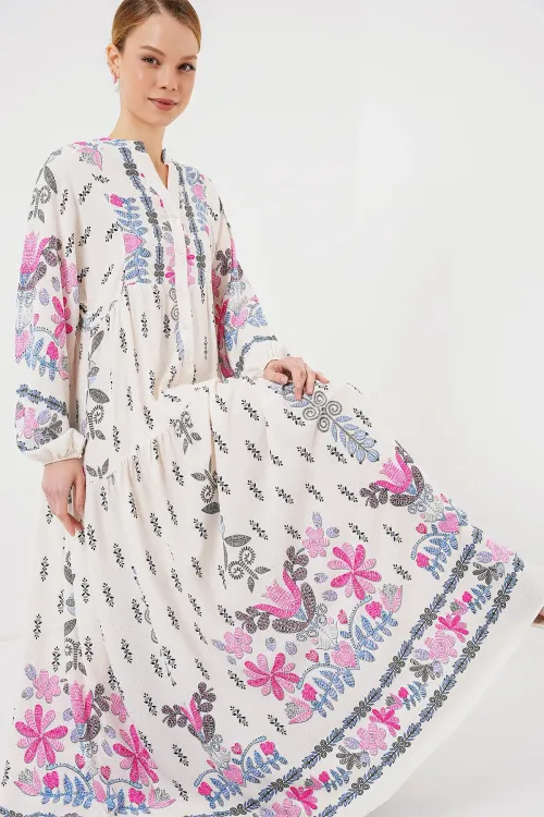 2423 Otantik Desenli Tesettür Elbise - C. Pembe