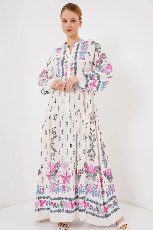 2423 Otantik Desenli Tesettür Elbise - C. Pembe