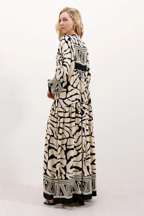 2423 Otantik Desenli Tesettür Elbise - C.Siyah