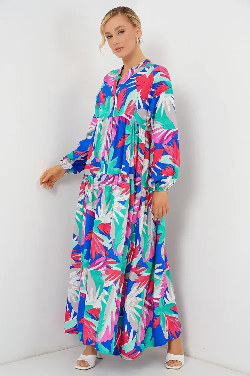 2423 Otantik Desenli Tesettür Elbise - D.Pembe