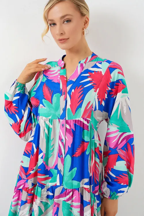 2423 Otantik Desenli Tesettür Elbise - D.Pembe