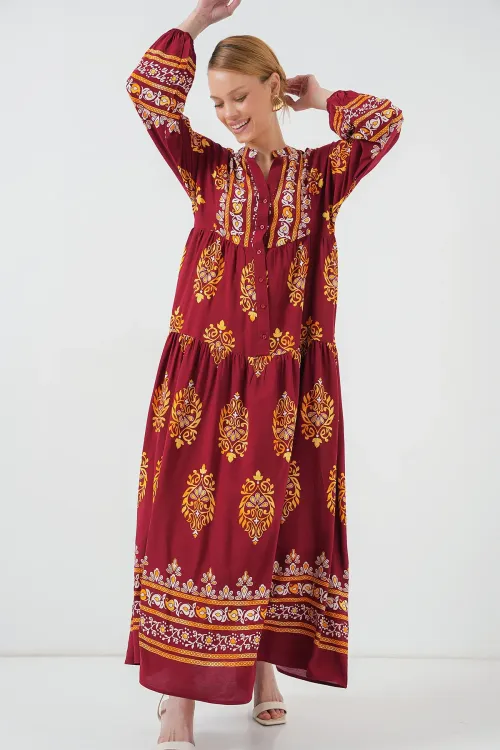 2423 Otantik Desenli Tesettür Elbise - E. Bordo