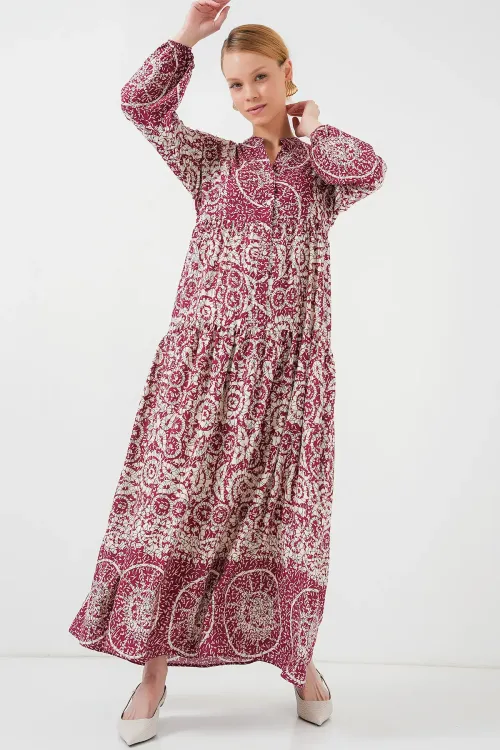 2423 Otantik Desenli Tesettür Elbise - E. Fuşya