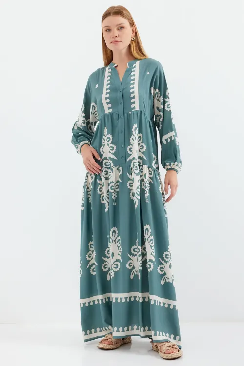 2423 Otantik Desenli Tesettür Elbise - F.Mint