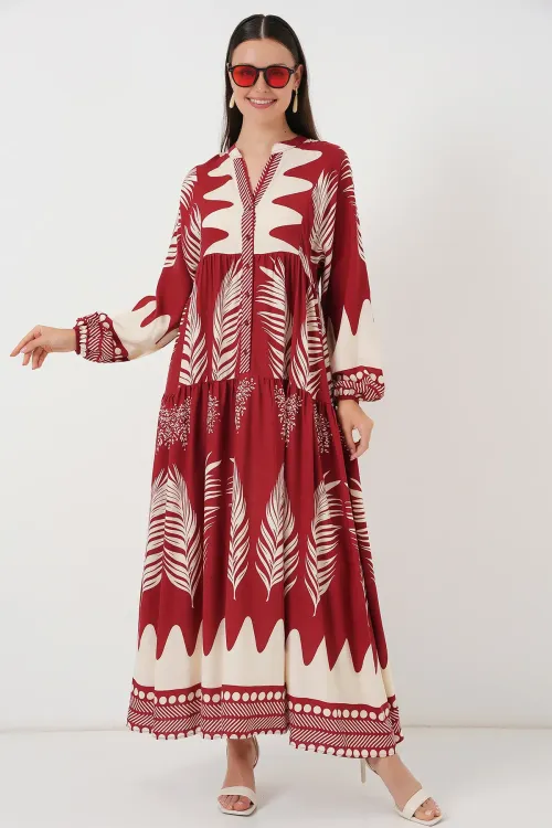 2423 Otantik Desenli Tesettür Elbise - G.Bordo
