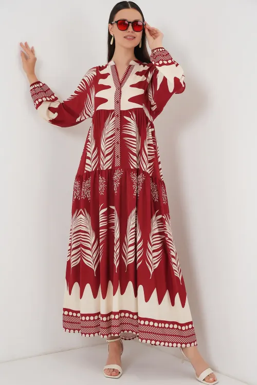 2423 Otantik Desenli Tesettür Elbise - G.Bordo