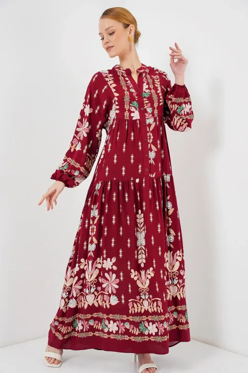 2423 Otantik Desenli Tesettür Elbise - H. Bordo